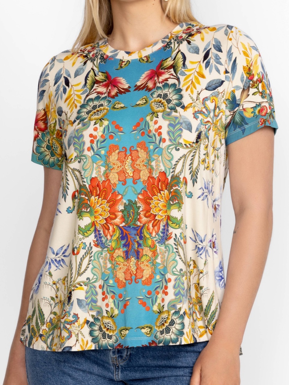 Johnny Was Floral Botanical Print Short Sleeve Tee Top XS
